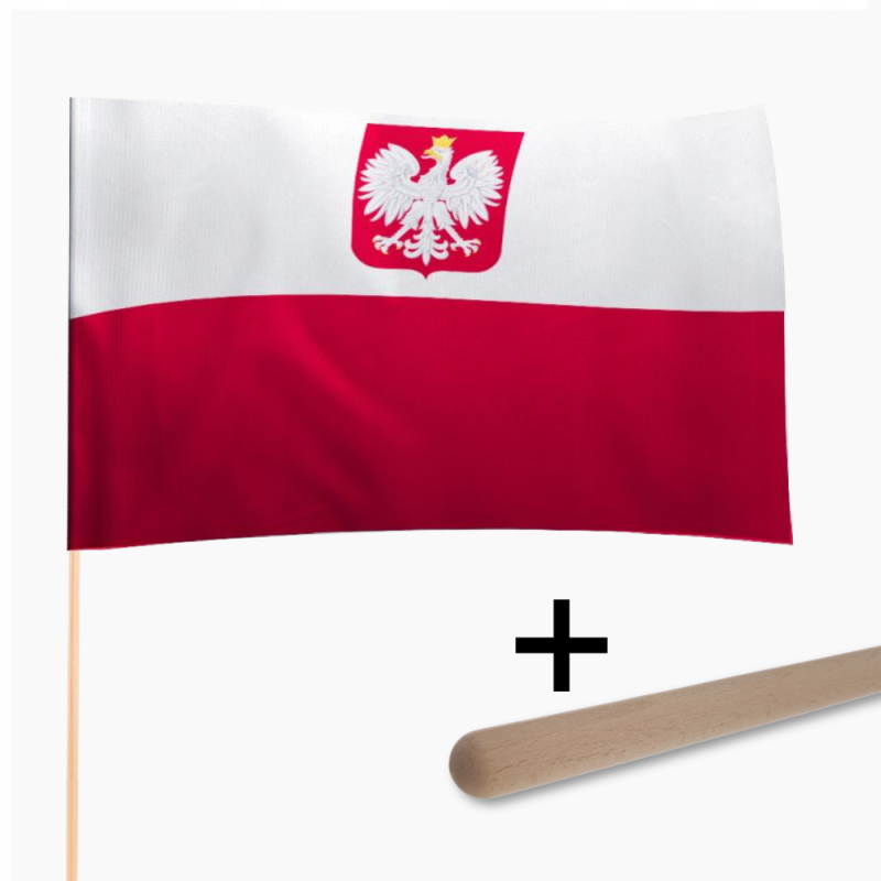 Flaga Polski z godłem + drzewiec 150cm ZESTAW