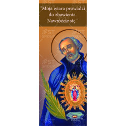 Baner z Andrzejem Bobolą "Moja wiara prowadzi do zbawienia"